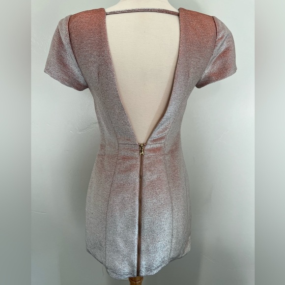 Express Pink Metallic Short Sleeve Shoulder Pass Open V Back Dress - Picture 2 of 5